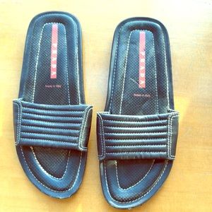 Prada black leather slides slip on sandals unisex